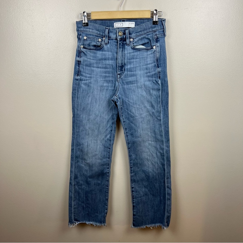 AYR The Pop Jeans Size 27 Short Petite Straight Leg Cropped Frayed Hem Blue